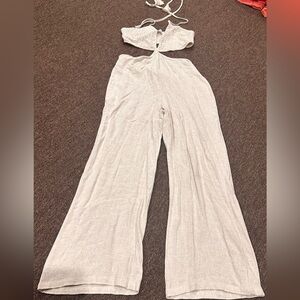 TOWNE tan pant 1pc jumpsuit elegant boutique unique open shoulder sexy summer M